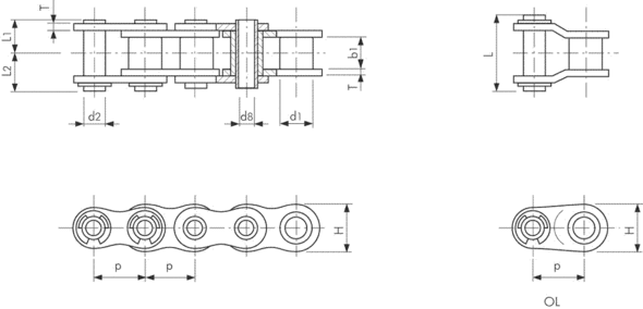 Размеры одношаговой цепи Tsubaki ANSI HP с полыми штифтами