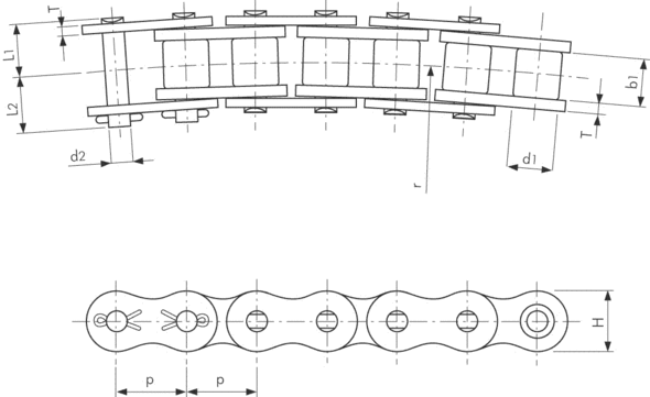 Размеры одношаговой цепи ANSI CU с изогнутыми пластинами